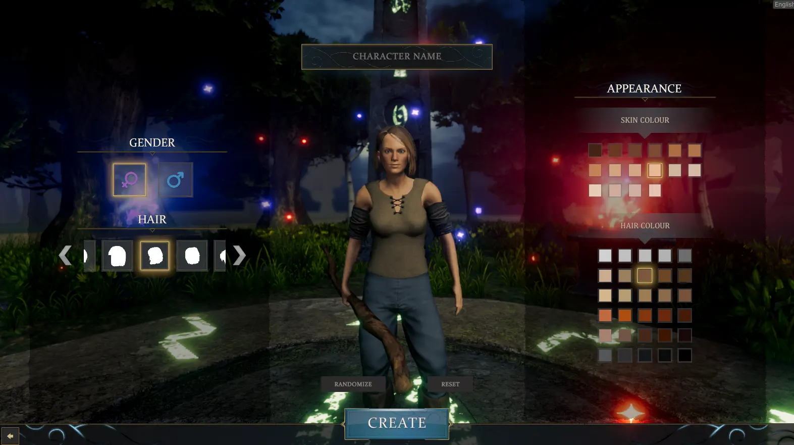 Helrift character creation screen with appearance and colour options