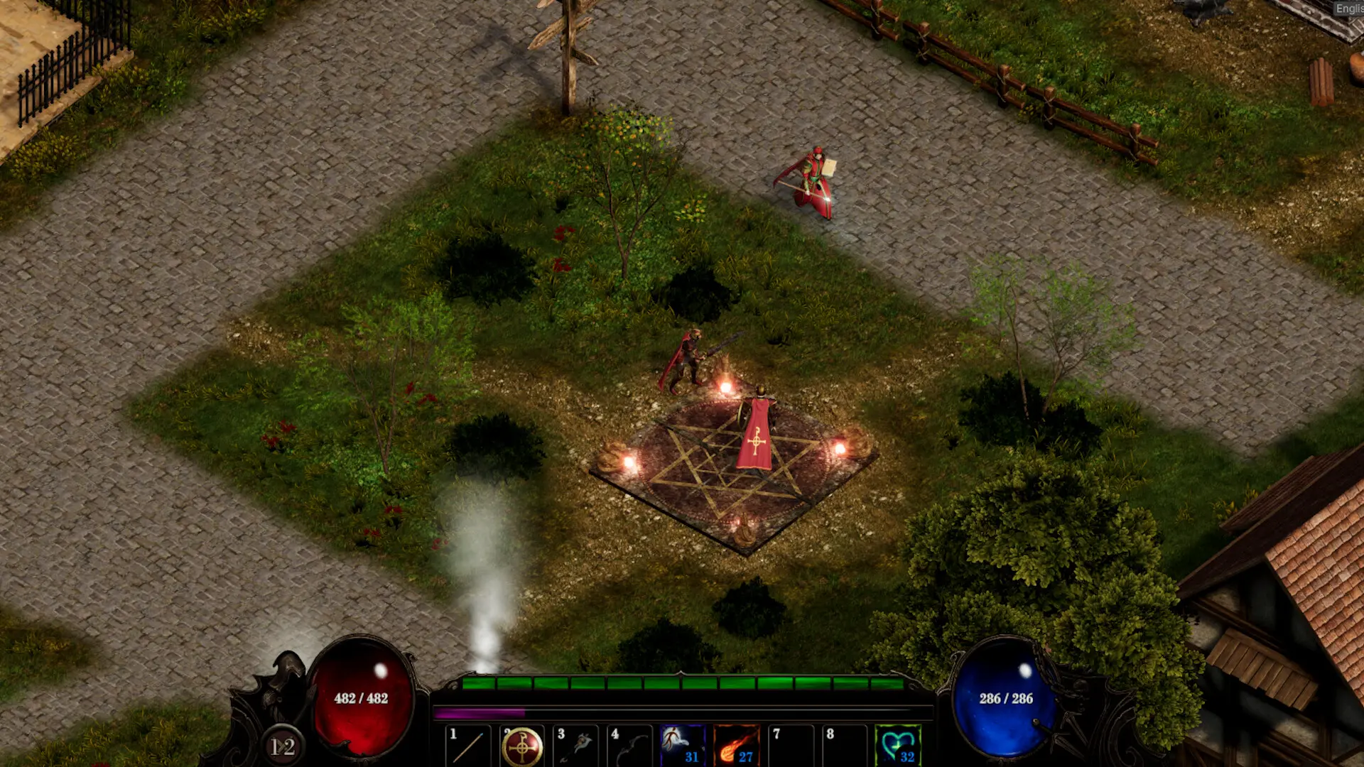Armoured adventurers gather around a glowing ritual site at a town crossroads