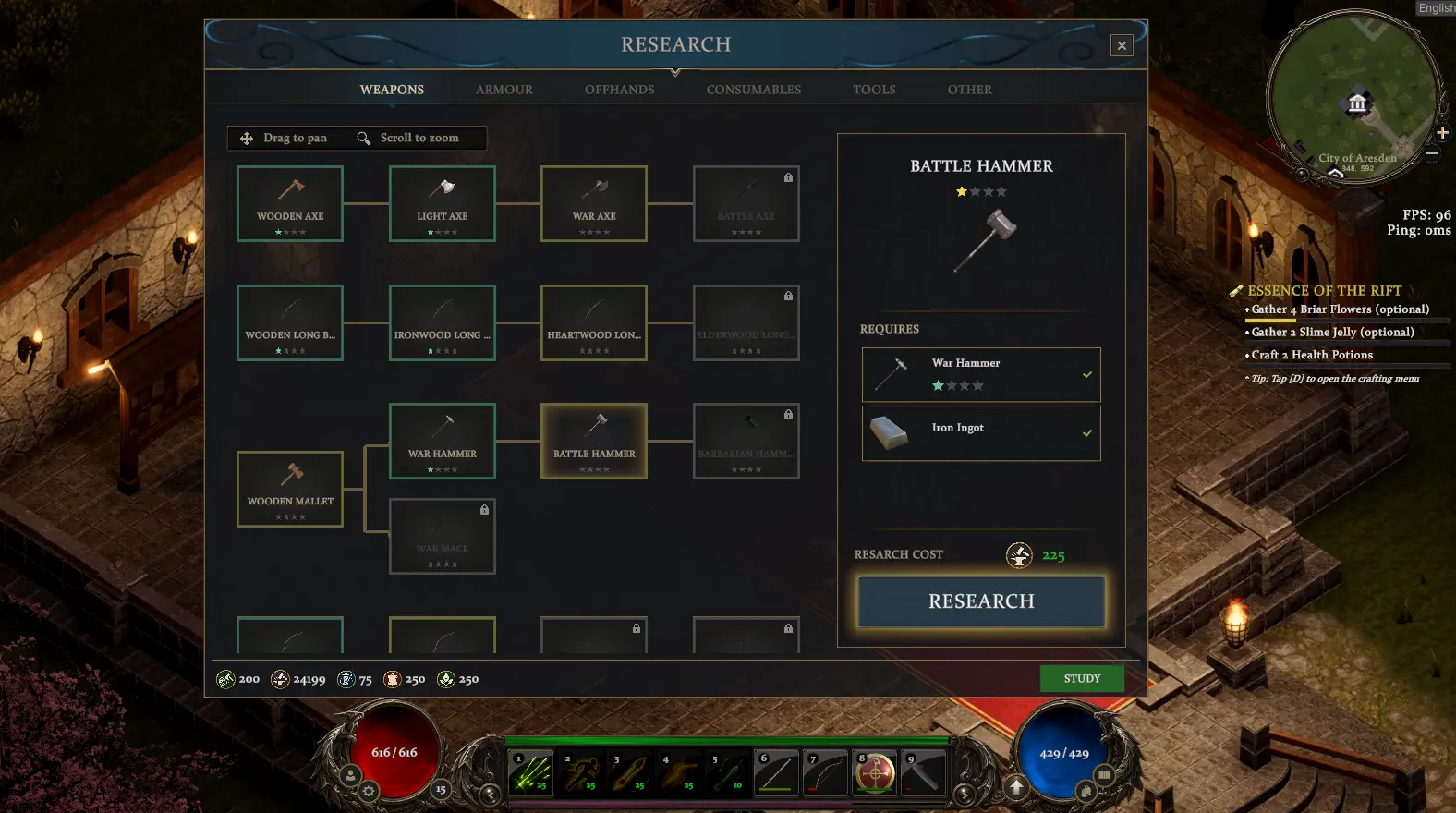 The research tree showing technologies and material requirements