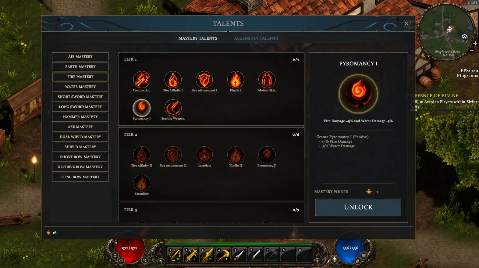Helrift's mastery talent screen showing a Pyromancy progression path